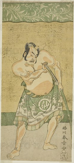 The Actor Nakamura Sukegoro II as the Sumo Wrestler Matano no Goro in the Play Myoto-giku Izu no Kisewata, Performed at the Ichimura Theater in the Eleventh Month, 1770, c. 1770, Katsukawa Shunsho ?? ??, Japanese, 1726-1792, Japan, Color woodblock print, hosoban, right sheet of triptych, 30.8 x 13.6 cm (12 1/8 x 5 3/8 in.)