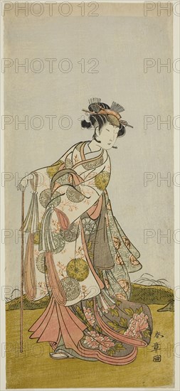 The Actor Nakamura Noshio I as Princess Usuyuki (Usuyuki Hime) in the play Shin Usuyuki Monogatari, performed at the Morita Theater in the fifth month, 1774, c. 1774, Katsukawa Shunsho ?? ??, Japanese, 1726-1792, Japan, Color woodblock print, hosoban, left sheet of diptych (?), 33 x 14.6 cm (13 x 5 3/4 in.)