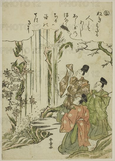 Na: Nunobiki Waterfall, from the series Tales of Ise in Fashionable Brocade Pictures (Furyu nishiki-e Ise monogatari), c. 1772/73, Katsukawa Shunsho ?? ??, Japanese, 1726-1792, Japan, Color woodblock print, koban, 22.7 x 15.9 cm (8 15/16 x 6 1/4 in.)