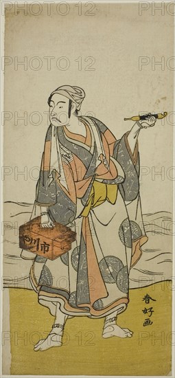 The Actor Ichikawa Yaozo II as the Boatman Jirosaku in the Play Oyafune Taiheiki, Performed at the Ichimura Theater in the Eleventh Month, 1775, c. 1775, Katsukawa Shunko I, Japanese, 1743-1812, Japan, Color woodblock print, hosoban, right sheet of diptych (?), 32.7 x 14.8 cm (12 7/8 x 5 13/16 in.)