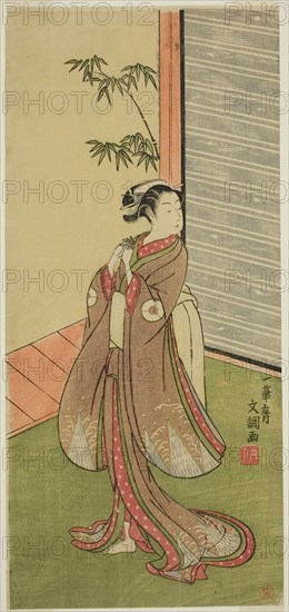 The Actor Iwai Hanshiro IV in a Female Role, c. 1769, Ippitsusai Buncho, Japanese, active c. 1755-90, Japan, Color woodblock print, hosoban, 31.3 x 14.3 cm (12 5/16 x 5 5/8 in.)