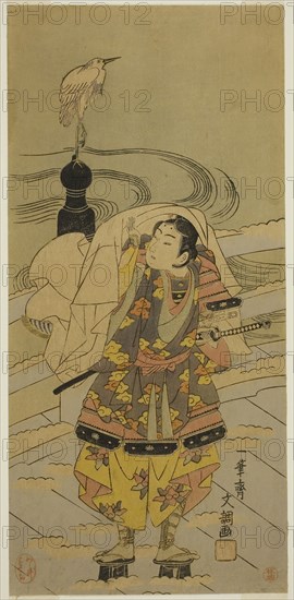 Ushiwaka-maru on the Gojo Bridge, reprint of c. 1769 design, Ippitsusai Buncho, Japanese, active c. 1755-90, Japan, Color woodblock print, hosoban, 30 x 14.2 cm (11 13/16 x 5 9/16 in.)