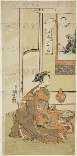 Hinaji of the Chojiya, from the series Fuji-bumi (Folded Love-letters), c. 1769/70, Ippitsusai Buncho, Japanese, active c. 1755-90, Japan, Color woodblock print, hosoban, 32.5 x 15 cm (12 13/16 x 5 7/8 in.)