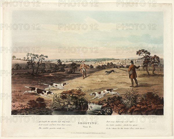 Shooting: Verse 2, 1819, Thomas Sutherland (English, active c. 1785-1827), after Dean Wolstenholme (English, 1798-1882), published by Rudolph Ackermann (English, born Germany, 1764-1834), England, Hand-colored aquatint and etching on ivory wove paper, 170 × 250 mm (image), 222 × 277 mm (sheet)