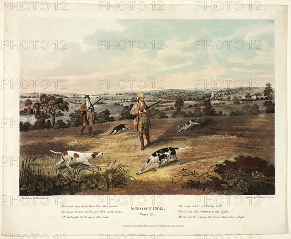 Shooting: Verse 3, 1819, Thomas Sutherland (English, active c. 1785-1827), after Dean Wolstenholme (English, 1798-1882), published by Rudolph Ackermann (English, born Germany, 1764-1834), England, Hand-colored aquatint and etching on ivory wove paper, 175 × 250 mm (image), 228 × 275 mm (sheet)