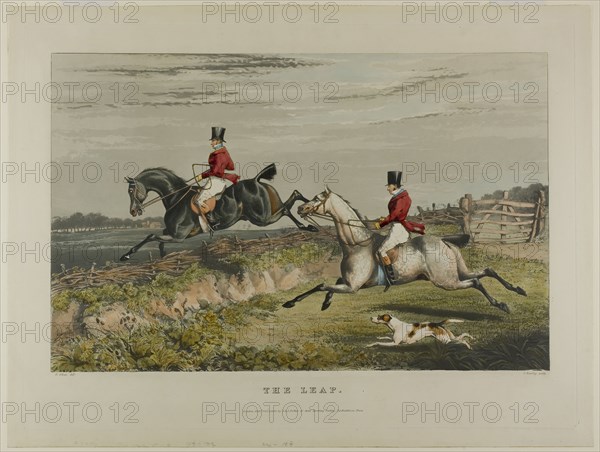 The Leap, from Fox Hunting, 1828, Charles Bentley (English, 1806-1854), after Henry Alken (English, 1785-1851), England, Color aquatint on paper, 270 × 418 mm (image), 340 × 465 mm (plate), 378 × 494 mm (sheet)