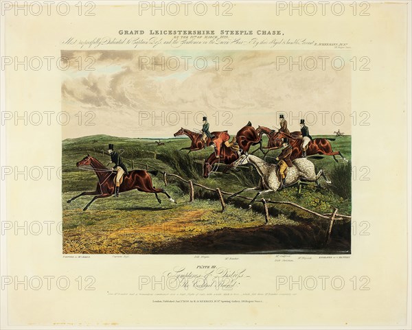 Symptoms of Distress, from The Grand Steeplechase Over Leicestershire, published 1830, Charles Bentley (English, 1806-1854), after Henry Alken (English, 1785-1851), published by R.A. Ackermann (English, 1764-1834), England, Color aquatint on paper, 255 × 365 mm (image), 360 × 450 mm (plate), 405 × 500 mm (sheet)