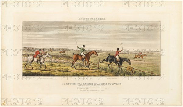 Symptoms of a Skurry, plate three from The Leicestershire Hunt, published 1825, John Dean Paul (English, 1775-1852), published by Thomas McLean (English, 1788-1875), England, Hand-colored aquatint on ivory wove paper, 225 × 563 mm (image), 329 × 632 mm (plate), 425 × 733 mm (sheet)