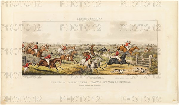 The First Ten Minutes, plate two from The Leicestershire Hunt, published 1825, John Dean Paul (English, 1775-1852), published by Thomas McLean (English, 1788-1875), England, Hand-colored aquatint on ivory wove paper, 225 × 561 mm (image), 329 × 633 mm (plate), 425 × 729 mm (sheet)