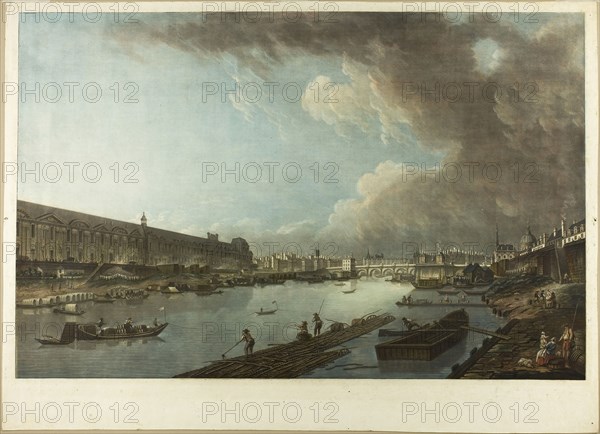 View of the Tuileries, the Louvre and the Pont Neuf, 1789, Charles-Melchior Descourtis (French, 1753-1820), after Pierre Antoine de Machy (French, 1723-1807), France, Etching and engraving printed in color from at least four plates on paper, 412 × 632 mm (plate), 466 × 645 mm (sheet)