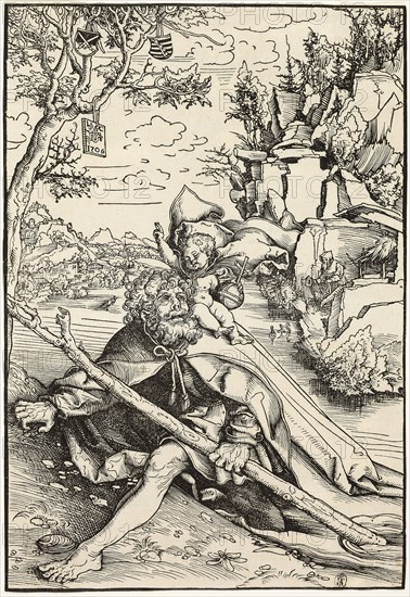 Saint Christopher, 1506, published 1509, Lucas Cranach the Elder, German, 1472-1553, Germany, Woodcut in black on ivory laid paper, 281 × 192 mm (image/block/sheet)