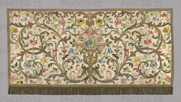 Altar Frontal, 19th century, Italy, Silk, satin weave over linen, plain weave, lined with silk in plain weave, moiré, braid in gilt over silk and yellow silk (gold fringe, twisted threads, gilt over core), embroidered in silk floss, silver and gilt over silk core with satin, (flat), long and short, stem (outline) stitches, couching and some underside couching, 108.3 x 207.6 cm (42 5/8 x 81 3/4 in.)