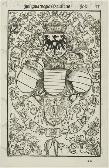 Coat of Arms of Maximilian I as King of the Romans, c. 1517, After Albrecht Dürer, German, 1471-1528, Germany, Woodcut in black on ivory laid paper, 233 × 150 mm (image), 264 × 173 mm (sheet)