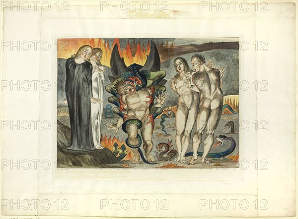 The Circle of the Thieves, Agnolo Brunelleschi Attacked by a Six-Footed Serpent. Inferno, canto XXV, 1827, printed c. 1892, William Blake, English, 1757-1827, England, Hand-colored engraving on India paper, laid down on wove paper (chine collé), 242 × 348 mm (image), 277 × 379 mm (plate), 395 × 546 mm (sheet)
