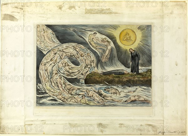 The Circle of the Lustful: Paolo and Francesca. Inferno, canto V, 1827, printed c. 1892, William Blake, English, 1757-1827, England, Hand-colored engraving on India paper, laid down on wove paper (chine collé), 241 337 mm (image), 276 × 355 mm (plate), 392 × 564 mm (sheet)