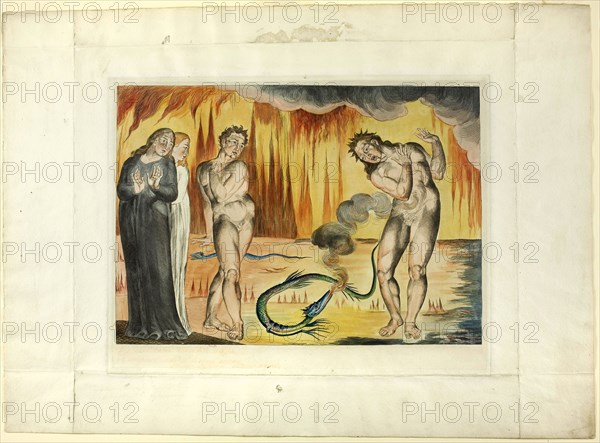 The Circle of the Thieves, Buoso Donati Attacked by the Serpent. Inferno, canto XXV, 1827, printed c. 1892, William Blake, English, 1757-1827, England, Hand-colored engraving on India paper, laid down on wove paper (chine collé), 239 × 336 mm (image), 277 × 353 mm (plate), 393 × 545 mm (sheet)