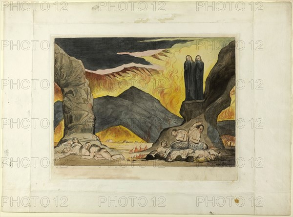 The Circle of the Falsifiers: Dante and Virgil Covering their Noses Because of the Stench. Inferno, canto XXIX, 1827, printed c. 1892, William Blake, English, 1757-1827, England, Hand-colored engraving on India paper, laid down on wove paper (chine collé), 240 × 338 mm (image), 272 × 354 mm (plate), 394 × 539 mm (sheet)