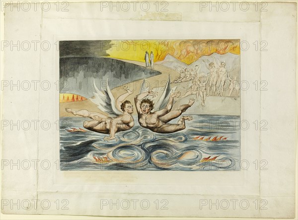The Circle of the Corrupt Officials, the Devils Mauling Each Other. Inferno, canto XXII., 1827, printed c. 1892, William Blake, English, 1757-1827, England, Hand-colored engraving on India paper, laid down on wove paper (chine collé), 240 × 330 mm (image), 78 × 354 mm (plate), 392 × 537 mm (sheet)