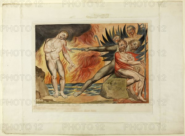The Circle of the Corrupt Officials, the Devils Tormenting Ciampolo. Inferno, canto XXII, 1827, printed c. 1892, William Blake, English, 1757-1827, England, Hand-colored engraving on India paper, laid down on wove paper (chine collé), 237 × 335 mm (image), 276 × 356 mm (plate), 392 × 539 mm (sheet)