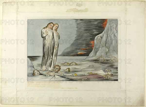 The Circle of the Traitors, Dante’s Foot Striking Bocca degli Abbate. Inferno, canto XXXII, 1827, printed c. 1892, William Blake, English, 1757-1827, England, Hand-colored engraving on India paper, laid down on wove paper (chine collé), 234 × 339 mm (image), 273 × 352 mm (plate), 395 × 537 mm (sheet)