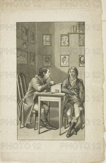 A Physionotrace Portraitist, 1802, Christoph-Wilhelm Bock (German, born 1754/55), after Ambrosius Gabler (German, 1762-1834), Germany, Engraving on buff wove paper, matted together with photograph of ticket for physionotrace sitting, 155 × 90 mm (image), 213 × 136 mm (sheet)
