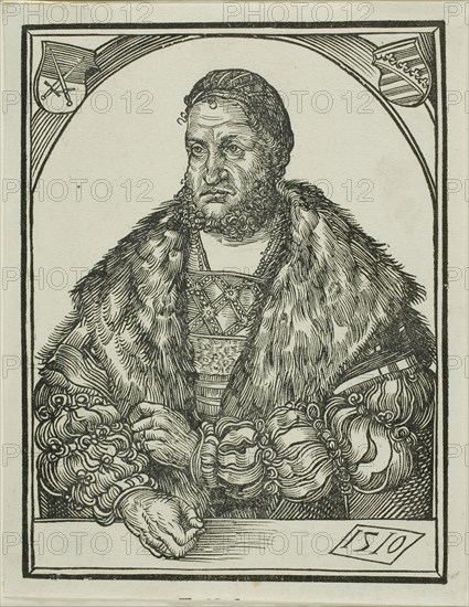 Elector Frederick III of Saxony, from Speculum intellectuale felicitatis humane, 1510, Wolf Traut (German, c.1486-1520), after Lucas Cranach the Elder (German, 1472-1553), published by Hieronymus Höltzel (German, active c. 1502-1525), Germany, Woodcut in black on ivory laid paper, 127 × 96 mm (image/block)