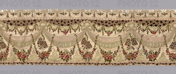 Valance, 19th century, France, Silk, warp-float faced satin weave, painted appliquéd with linen, gauze weave, embroidered with silk chenilled and yarns in darning stitches, chain, and satin stitches, French knots, 31.1 × 285 cm (12 1/4 × 112 1/2 in.)
