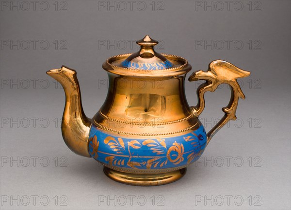 Teapot, c. 1820, England, Staffordshire, Staffordshire, Earthenware with copper lustre and blue relief decoration, 11.4 × 18.7 × 13.3 cm (4 1/2 × 7 3/8 × 5 1/4 in.)