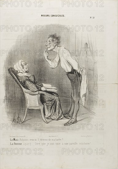 Husband: My dear, how about a first kiss on my chin? The wife (aside): To think that I am married to this face!, plate 21 from Moeurs Conjugalesa, published March 29, 1840, Honoré Victorin Daumier, French, 1808-1879, France, Lithograph in black on cream wove paper, with text added in another hand and letterpress verso, 235 × 211 mm (image), 364 × 255 mm (sheet)