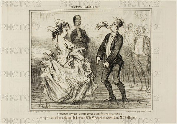 New Entertainment at the Parisian Evening Parties. The spirit of Mr. Hume shaving the beard of Monsieur de St. Potard and undoing the hair of Madame Coffignon, plate 8 from Ces Bons Parisiens, 1857, Honoré Victorin Daumier, French, 1808-1879, France, Lithograph in black on ivory wove paper, with letterpress verso, 202 × 245 mm (image), 257 × 358 mm (sheet)