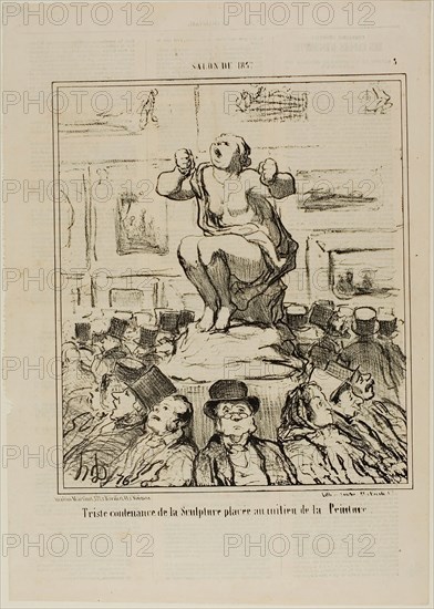 The Displeasure of a Sculpture Placed in the Middle of an Exhibition of Paintings, plate 5 from Salon De 1857, 1857, Honoré Victorin Daumier, French, 1808-1879, France, Lithograph in black on buff wove paper, with letterpress verso, 239 × 250 mm (image), 359 × 251 mm (sheet)