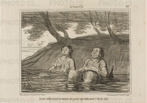 Having finally found the solution to spend the summer of 1857 in a pleasant way, plate 429 from Actualités, 1857, Honoré Victorin Daumier, French, 1808-1879, France, Lithograph in black on ivory wove paper, with letterpress verso, 202 × 261 mm (image), 257 × 359 mm (sheet)