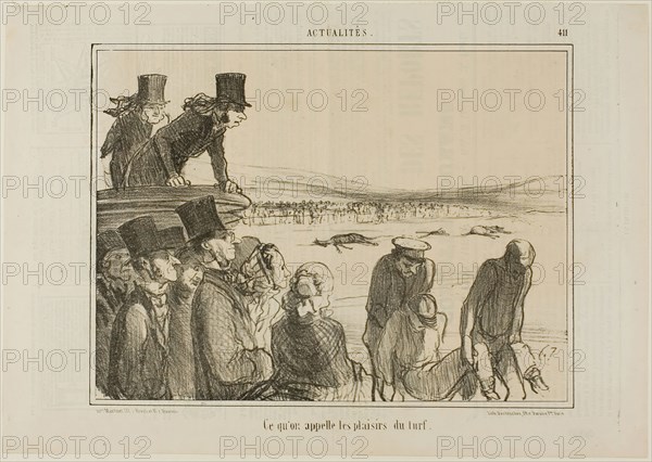 These are the joys of horseback racing, plate 411 from Actualités, 1857, Honoré Victorin Daumier, French, 1808-1879, France, Lithograph in black on buff wove paper, with letterpress verso, 195 × 261 mm (image), 252 × 357 mm (sheet)
