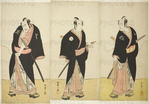 The Actors Ichikawa Danjuro V as Gokuin Sen’emon (right), Bando Mitsugoro I as An no Heibei (center), and Nakamura Sukegoro II as Kaminari Shokuro (left), in the Play Hatsumombi Kuruwa Soga, Performed at the Nakamura Theater in the Second Month, 1780, c. 1780, Katsukawa Shunsho ?? ??, Japanese, 1726-1792, Japan, Color woodblock print, hosoban, three sheets of pentaptych, 30.3 × 14.8 cm (11 15/16 × 5 13/16 in.) (right), 30.4 × 15 cm (11 15/16 × 5 7/8 in.) (center), 30.9 × 15 cm (12 3/16 × 5 7/8 in.) (left)