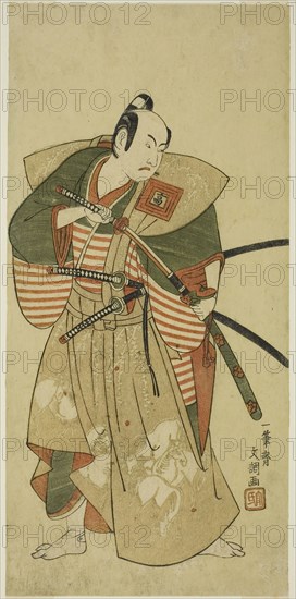 The Actor Ichikawa Komazo II as Kudo Saemon Suketsune (?) in the Play Haru wa Soga Akebono-zoshi (?), Performed at the Nakamura Theater (?) in the First Month, 1772 (?), c. 1772, Ippitsusai Buncho, Japanese, active c. 1755-90, Japan, Color woodblock print, hosoban, 28.9 × 13.8 cm (11 3/8 × 5 7/16 in.)
