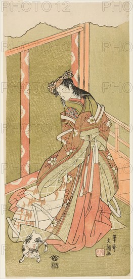 The Actor Nakamura Noshio I as the Third Princess (Nyosan no Miya) in the Play Fuki Kaete Tsuki mo Yoshiwara (Rethatched Roof: The Moon also Shines Over the Yoshiwara Pleasure District), Perfromed at the Morita Theater from the First Day of the Eleventh Month, 1771, c. 1771, Ippitsusai Buncho, Japanese, active c. 1755-90, Japan, Color woodblock print, hosoban, 32.5 × 15 cm (12 13/16 × 5 7/8 in.)
