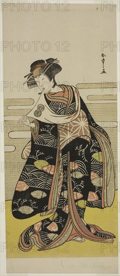 The Actor Segawa Kikunojo III as Onami Disguised as the Dragon Princess in the Play Saki Masuya Ume no Kachidoki, Performed at the Ichimura Theater in the Eleventh Month, 1778, c. 1778, Katsukawa Shunsho ?? ??, Japanese, 1726-1792, Japan, Color woodblock print, hosoban, 33.7 × 14.4 cm (13 1/4 × 5 11/16 in.)