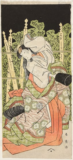 The Actor Segawa Kikunojo III, Possibly as Ono no Komachi, in the Final Part of Act Five of the Play Komachi-mura Shibai no Shogatsu (Komachi Village: New Year at the Theater), Performed at the Nakamura Theater from the First Day of the Eleventh Month, 1789, c. 1789, Katsukawa Shun’ei, Japanese, 1762-1819, Japan, Color woodblock print, hosoban, left sheet of diptych, 33.5 × 15 cm (13 3/16 × 5 7/8 in.)