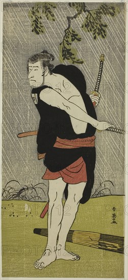 The Actor Ichikawa Komazo II as Ono Sadakuro in the Play Chuko Ryogoku Ori, Performed at the Nakamura Theater in the Seventh Month, 1790, c. 1790, Katsukawa Shun’ei, Japanese, 1762-1819, Japan, Color woodblock print, hosoban, 31.7 × 14.2 cm (12 1/2 × 5 9/16 in.)