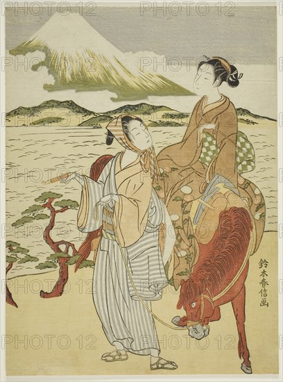 Pausing to admire Mt. Fuji (parody of Ariwara no Narihira’s journey to the east), c. 1768/69, Suzuki Harunobu ?? ??, Japanese, 1725 (?)-1770, Japan, Color woodblock print, chuban, 11 x 8 in.