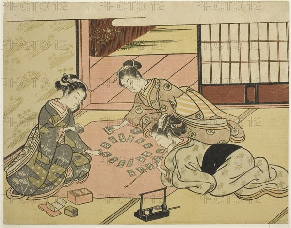Young Women Playing Poem Cards, c. 1766/67, Suzuki Harunobu ?? ??, Japanese, 1725 (?)-1770, Japan, Color woodblock print, chuban yoko-e, 8 3/8 x 10 5/8 in.