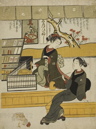 Ofuji, the Shop Girl of the Motoyanagiya, with a Customer, c. 1769, Suzuki Harunobu ?? ??, Japanese, 1725 (?)-1770, Japan, Color woodblock print, chuban, 11 x 8 in.
