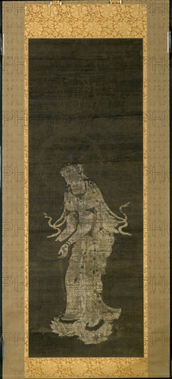 The Bodhisattva Kannon, from the triptych Approach of the Amida Trinity, Kamakura Period, mid–13th century, Japanese, Japan, Hanging scroll, ink, colors, and cut gold on silk, 138 x 50 cm (54 3/8 x 19 3/4 in.), 245 x 79 cm (with mount)