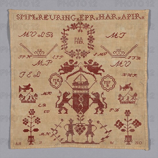 Sampler, 1860, Sophia Margaretha Reuning (Dutch, 1843- ?), Netherlands, Netherlands, Cotton, plain weave, embroidered in silk, cross, Algerian, single faggot, and hem stitches, 26.6 x 26.8 cm (10 1/2 x 10 1/2 in.)