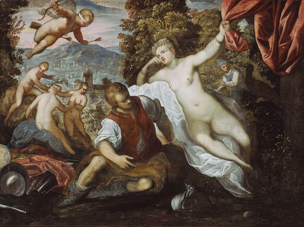 Venus and Mars with Cupid and the Three Graces in a Landscape, 1590/95, Domenico Tintoretto, Italian, 1560-1635, Tintoretto, Italian, 1518-1594, Workshop of Tintoretto, Italian, 1518-1594, Italy, Oil on canvas, 106.5 × 142.8 cm (41 7/8 × 56 1/4 in.)