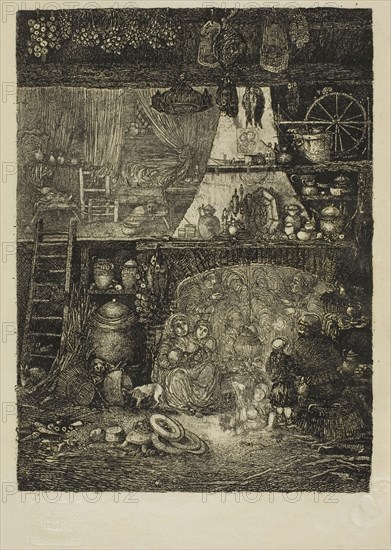 Interior, Peasant House in Haute-Garonne, 1858, Rodolphe Bresdin, French, 1825-1885, France, Etching on cream machine-made Japanese paper, 150 × 111 mm (image), 197 × 128 mm (plate), 344 × 273 mm (sheet)