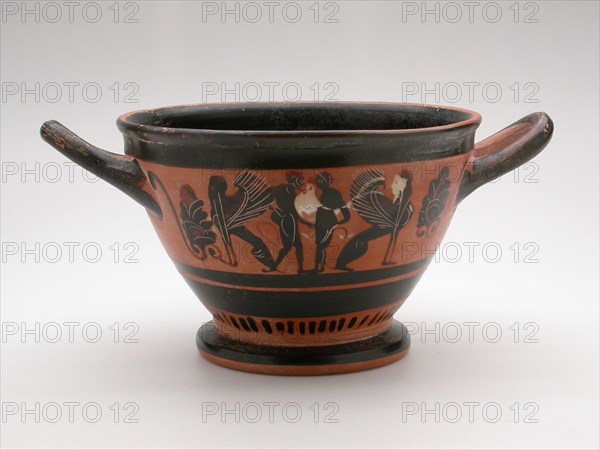 Skyphos (Wine Cup), About 500/480 BC, Greek, Athens, Attributed to the CHC Group, Athens, terracotta, decorated in the black-figure technique, 10.6 × 23.2 × 16.5 cm (4 3/16 × 9 1/8 × 6 1/2 in.)