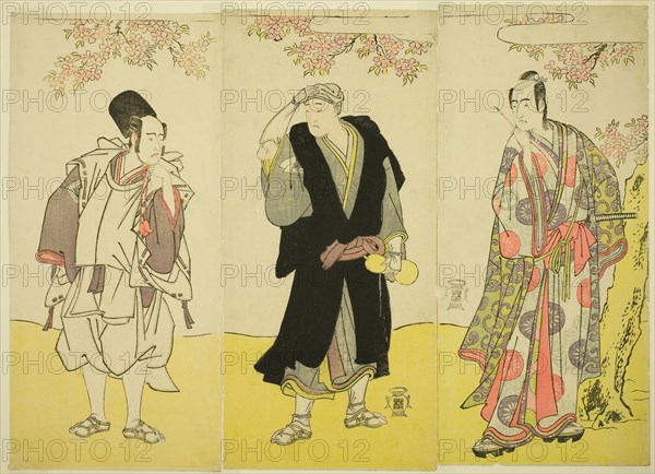 The Actors Sawamura Sojuro III as Kusunoki Tatewaki Masatsura (right), Onoe Matsusuke I as the Monk Sahei Bozu (center) and Ichikawa Yaozo III as the Prince’s Servant Kusunoki Uraminosuke (left), in the Play Kumoi no Hana Yoshino no Wakamusha, Performed at the Nakamura Theater in the Eleventh Month, 1786, c. 1786, Katsukawa Shunsho ?? ??, Japanese, 1726-1792, Japan, Color woodblock print, hosoban, three sheets of a four-sheet composition, 32.3 x 14.8 cm (12 11/16 x 5 13/16 in.) (right), 32.2 x 15.1 cm (12 11/16 x 5 15/16 in.) (center), 32.1 x 14.9 cm (12 5/8 x 5 7/8 in.) (left)