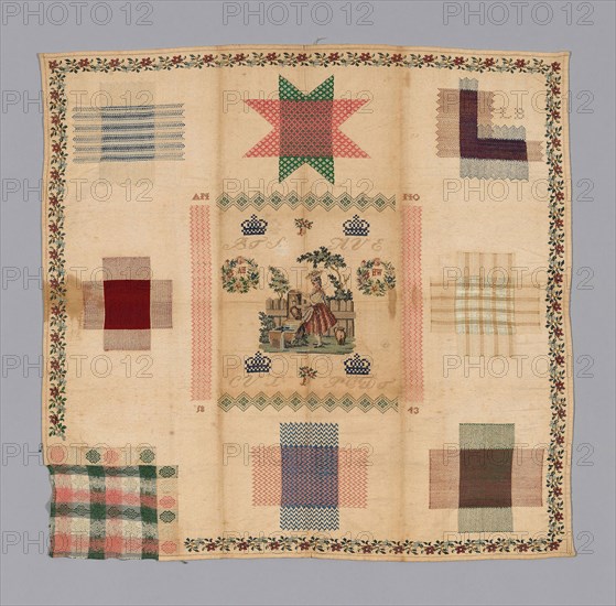 Sampler, 1843, The Netherlands, Netherlands, Embroidered in multicolored silks on canvas, 56.5 × 58.4 cm (22 1/4 × 23 in.)