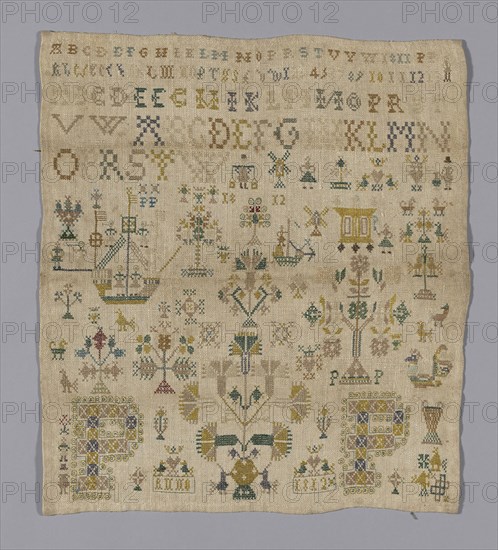 Sampler, 1812, Switzerland or Netherlands, Switzerland, Colored silk, 47 × 39.3 cm (18 1/2 × 15 1/2 in.)